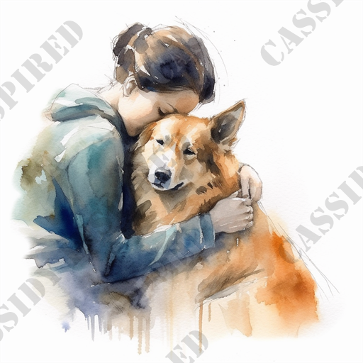 A Woman's Unconditional Love - This evocative watercolor painting captures a tender moment between a young woman and her loyal dog. The artwork is skillfully rendered, showcasing soft brush strokes and a harmonious blend of colors that emphasize the emotional connection between the two subjects. The woman, with her head gently resting on the dog's head, appears serene and content, her affection for her pet palpable. Her hair is pulled back casually, suggesting a moment of relaxed intimacy. The dog, possibly a Corgi mix, looks directly at the viewer, its eyes conveying trust and companionship.

The painting is dominated by warm earth tones and muted blues, creating a calming and inviting atmosphere. The background is loosely defined, allowing the focus to remain solely on the interaction between the girl and her dog. This image would resonate with anyone appreciating themes of friendship, love, and the special bond between humans and their pets.

Keywords for SEO could include: watercolor painting, emotional connection, woman dog bonding, pet love, artistic expression, Corgi mix, friendship, tender moment, relaxed intimacy, trust and companionship.