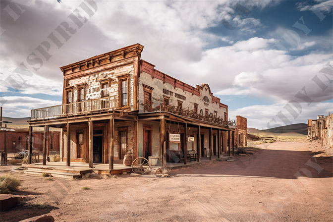 Abandoned Old West - This image captures the stark and evocative essence of a historic Old West ghost town, accentuated by clear, vibrant skies and the desolate landscape surrounding the site. The scene is centered around a row of dilapidated two-story buildings featuring weathered wooden facades and fading paint, testament to the area's rich past. The architectural style is clearly vintage, with details like a wooden balcony, classic Western-style storefronts, and period-appropriate signage that reads “Post Office” and “Bank.” The ground is covered in dusty red soil, reinforcing the town’s age and abandonment. No human presence is visible, heightening the feeling of isolation and time's standstill.

Key elements such as 'ghost town,' 'Old West,' 'historic,' 'abandoned,' 'weathered wooden facades,' 'period-appropriate signage,' 'desolate landscape,' 'clear skies,' 'vintage architecture,' and 'cultural heritage' are prominent in this depiction. This image effectively conveys a sense of forgotten history and the natural decay over time, making it a compelling subject for discussions related to American history, cultural preservation, and architectural study. Photographers and history enthusiasts alike might find this representation intriguing for its aesthetic and documentary values. This ghost town serves as a frozen piece of the ever-evolving story of the American frontier, ideal for educational and travel-related content focusing on historical sites.