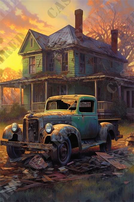 Abandoned - This captivating image showcases a decaying scene bathed in the warm glow of a sunset, featuring a vintage green and rusted pickup truck in the foreground and a derelict two-story house in the background. The house, painted in faded green and blue hues, exhibits signs of neglect, with peeling paint, broken windows, and a sagging structure. Its Victorian architectural elements like the steep pitched roof, tall chimneys, and wrap-around porch add a touch of charm to the otherwise forlorn appearance.

The sunset casts a remarkable orange and yellow light on the scene, highlighting the textures of the rust on the old truck and the weathered wooden slats of the house. Shadows from the tall, bare trees in the background create a dramatic backdrop, enhancing the overall feel of desolation. Scattered debris, including wooden planks and broken roof tiles, surrounds the truck, suggesting a once busy but now forgotten property.

Keywords that describe this scene include vintage truck, abandoned house, sunset, rustic, decay, Victorian architecture, peeling paint, derelict property, golden hour, and forgotten ruins. This image evokes a sense of nostalgia and timelessness, ideal for discussions about historical preservation, the passage of time, or the beauty found in decay.

The rich detail and atmospheric lighting make this picture not only a poignant reminder of the past but also a striking example of how nature and time reclaim what was once made by humans. Such visuals are perfect for artistic inspiration or as a reference in discussions about rural decay and architectural photography.