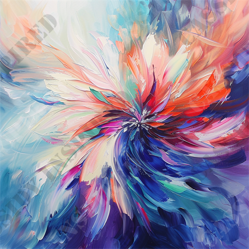 Abstract Floral Burst - This image is a vibrant abstract painting, showcasing explosion-like bursts of colors emanating from a central point. The composition features a blend of warm and cool tones, including red, orange, pink, blue, purple, and teal brushstrokes. The brushwork is dynamic and fluid, giving a sense of movement and depth. The intricate layers and textures create a visually stimulating effect that draws the viewer's attention. This artwork is ideal for modern art enthusiasts and those looking to add a splash of color to their contemporary interior décor. Keywords: abstract painting, vibrant colors, modern art, dynamic brushwork, fluid motion, colorful abstract, contemporary artwork, interior décor, red, orange, pink, blue, purple, teal, explosion-like bursts.