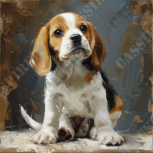 Adorable Beagle Puppy - The image is an oil painting of a beagle puppy with a white, brown, and black coat. The background features abstract brushstrokes in shades of brown and gray, highlighting the puppy as the focal point. The beagle's expressive eyes and floppy ears add an element of cuteness, making it an endearing subject. The texture of the brushstrokes and the artist's technique are visible, giving the painting a realistic yet artistic feel. This artwork captures the innocence and charm of a young beagle, evoking feelings of warmth and affection.

Keywords: beagle puppy, oil painting, white brown black coat, abstract background, brushstrokes, expressive eyes, floppy ears, endearing subject, realistic painting, artistic texture, young beagle, innocence, charm, warmth, affection.