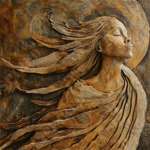 Ancient Earth Goddess - The image depicts an evocative sculpture of a serene woman with her eyes closed, seemingly at peace. The artwork, rendered in earthy tones, presents intricate detail with the woman's hair and flowing garments blowing gently in an unseen breeze. The texture of the sculpture gives it a lifelike quality, blending elements of stone and fabric to create depth and movement. Surrounding the figure is a backdrop of a rustic, weathered texture, further enhancing the natural feel of the piece. This captivating sculpture embodies themes of tranquility, nature, and beauty, making it a stunning example of modern art.

Keywords: evocative sculpture, serene woman, earthy tones, intricate detail, lifelike quality, flowing garments, hair blowing, rustic texture, modern art, tranquility, nature, beauty, captivating sculpture, artistic detail, stone and fabric blend, artistic themes, peaceful expression, detailed sculpture.