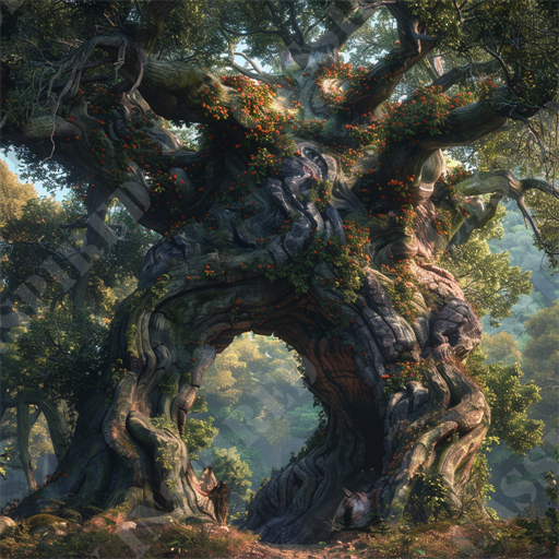 Ancient Hollow Tree - The image showcases a majestic, ancient tree with a large arch-like opening at its trunk, set within a lush, verdant forest. The gnarled and twisted branches, covered in vibrant, red-leaved vines, extend outward, creating a canopy of dense foliage. Sunlight pierces through the leaves, casting dappled light on the forest floor. Surrounding the tree are other trees and greenery, emphasizing the rich, natural scenery. Keywords: ancient tree, forest, arch, gnarled branches, twisted trunk, red vines, verdant foliage, sunlight, dappled light, natural scenery, lush greenery, majestic tree, old tree, forest floor, canopy, sunlight through leaves, woodland.