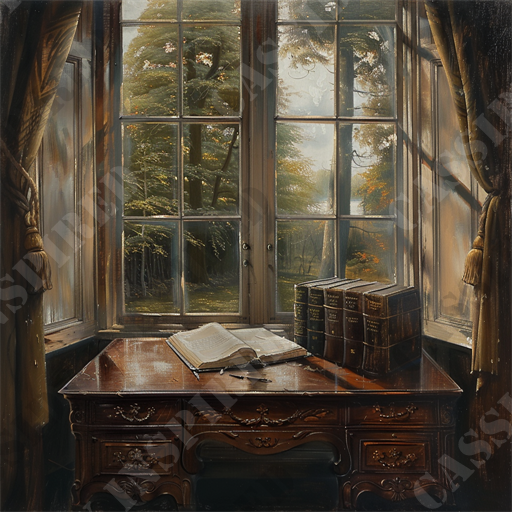 Antique Desk - The image depicts a serene, vintage study room with large windows overlooking a lush, verdant forest. The wooden desk, adorned with intricate carvings, holds an open book and a few quill pens, suggesting a space for reading or writing. On the right side of the desk, there is a stack of large, leather-bound books with gold embossing, adding to the room's antique ambiance. The tall windows, framed by opulent, heavy curtains, let in soft, natural light that illuminates the wooden surface and glistens off the aged paper. The outdoor view through the windows reveals tall trees and dappled sunlight, creating a tranquil, picturesque scene that enhances the library’s old-world charm. Keywords: vintage study room, wooden desk, open book, quill pens, leather-bound books, antique ambiance, large windows, lush forest, heavy curtains, natural light.