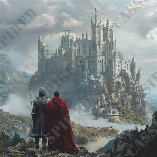 Arthur & Merlin's Castle - This captivating image showcases a breathtaking medieval castle perched majestically atop a steep rocky cliff, set against a misty and dramatic sky. In the foreground, two figures, King Arthur in a knight's armor and Merlin dressed in a regal red cloak, stand side by side, their backs to the viewer, gazing out at the impressive fortress. The castle itself features multiple towering spires, intricate stonework, and ornate architectural details, creating a scene straight out of a fantasy epic.

The landscape surrounding the castle is rugged and lush, with hints of forests and distant mountains adding to the mysterious and awe-inspiring atmosphere. Birds can be seen flying near the castle towers, enhancing the sense of scale and grandeur. The sky, a mix of brooding clouds and patches of blue, casts a dynamic lighting across the scene, highlighting the castle’s features and the figures’ reflective stance.

Key elements that stand out in this image for SEO purposes include: medieval castle, rocky cliff, knight, red cloak, fantasy setting, majestic fortress, ornate architecture, dramatic sky, lush landscape, and medieval fantasy. These keywords encapsulate the visual and thematic essence of the image, making it ideal for searches related to medieval or fantasy art, dramatic landscapes, and architectural wonders. This description ensures visibility for users seeking immersive and visually stunning medieval imagery.