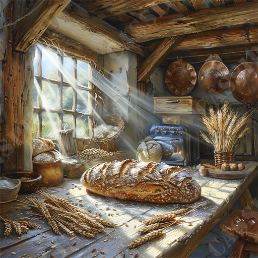 Artisan Bread Kitchen - This image captures the rustic charm of a traditional country bakery bathed in natural sunlight streaming through a wooden-framed window. The room is filled with elements of bread-making: freshly baked bread, wheat grains, and baskets overflowing with dough, set against a weathered wooden table and beam structure. A large loaf of artisanal bread dusted with flour sits prominently on the foreground, complemented by scattered grains and stalks of wheat that add a naturalistic element to the scene.

Sunlight pierces through the glass panes, creating dynamic streaks across the wooden surfaces and highlighting the textures of the copper pans hanging from the ceiling. The atmospheric dust particles caught in the lustrous beams enhance the warmth and authenticity of the country setting. Nearby, an old-fashioned toaster, ceramic bowls and a wooden drawer subtly hint at the tools and storages used in bread preparation.

Keywords that represent this image effectively for SEO would be rustic bakery, artisan bread, traditional bread-making, sunlight bakery interior, wooden bakery structure, natural baking atmosphere, homemade bread, country kitchen, bread-making tools, flour-dusted bread, wheat grains, wood beam interior, sunny window, copper pans, ceramic bowls in bakery, antique toaster, bread dough basket, wholesome bread baking, and organic bread preparation.