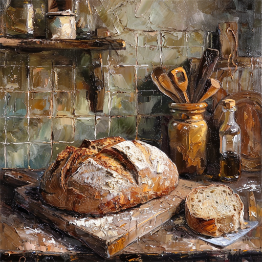 Artisanal Bread Loaf - The image depicts an artisanal loaf of bread on a wooden cutting board in a rustic kitchen setting, captured with an oil painting technique. The freshly baked bread, with its golden brown crust and dusting of flour, is partially sliced, revealing a soft, porous interior. Surrounding the bread, there are various kitchen utensils, including wooden spoons in a ceramic jar and a bottle of olive oil, all arranged against a textured, tiled backsplash. The overall composition exudes a warm, homely atmosphere, highlighting themes of artisanal baking, rustic kitchens, and the charm of homemade bread. Keywords: artisanal bread, rustic kitchen, homemade bread, oil painting, wooden cutting board, baking, kitchen utensils, olive oil, ceramic jar, textured tiles, golden crust, fresh bread.