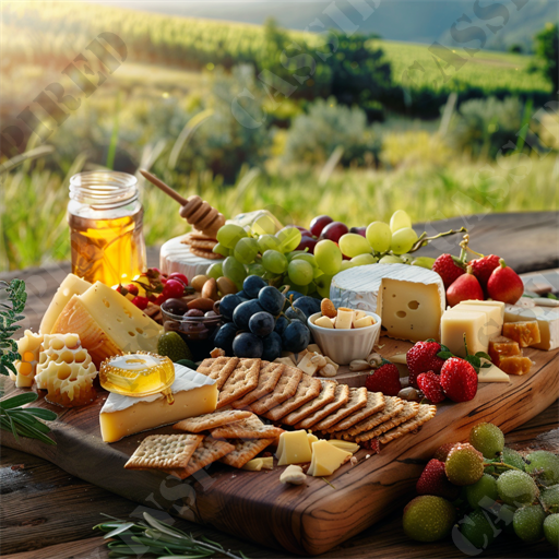 Artisanal Picnic - This vibrant image showcases a delectable artisanal cheese board set against a lush, scenic vineyard background. The wooden cheese board is adorned with an assortment of cheeses, including creamy brie, sharp cheddar, and Swiss, accompanied by a variety of fresh fruits like grapes, strawberries, and figs. Also featured are clusters of crunchy nuts, crisp crackers, and a jar of golden honey, which adds an extra layer of sweetness. Olive branches and chunks of honeycomb further enhance the rustic, gourmet aesthetic. The image captures the essence of a perfect outdoor picnic, integrating elements of nature and gourmet food, making it ideal for content focused on cheese boards, gourmet food, outdoor dining, picnics, vineyards, and rustic culinary experiences. 

Keywords: artisanal cheese board, scenic vineyard, wooden cheese board, creamy brie, sharp cheddar, Swiss cheese, fresh fruits, grapes, strawberries, figs, nuts, crackers, golden honey, outdoor picnic, gourmet food, olive branches, honeycomb, rustic aesthetic, culinary experiences.