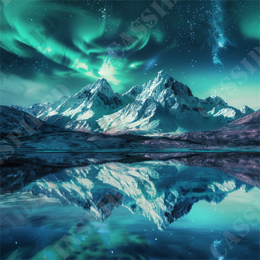 Aurora Mountain Dreamscape - This breathtaking image captures a stunning scene where the ethereal glow of the Aurora Borealis illuminates a serene mountainous landscape, reflecting magnificently off a glassy lake. The vivid display of teal and green Northern Lights arcs gracefully over the towering, snow-capped peaks, which are rendered in exquisite detail. Stars twinkle in the vast sky, adding a sprinkle of celestial magic to the composition.

The perfectly still water creates a mirror image of both the majestic mountains and the dazzling aurora, enhancing the symmetry and visual impact of the photograph. The color contrast between the cool blues and greens against the dark terrain and night sky adds depth and drama. This digital artwork would appeal to enthusiasts of natural phenomena, astrophotography, and landscape art, providing an otherworldly escape into nature's most spectacular displays.

Top keywords for this image include: Aurora Borealis, Northern Lights, mountain reflection, snowy peaks, night sky, celestial phenomena, landscape photography, serene nature, teal and green lights, astrophotography, digital art, natural beauty, tranquility, mountain lake, starry sky, winter landscape, and environmental art. These terms effectively highlight the visual and thematic elements of the image, making it highly discoverable for those searching for breathtaking natural scenes or inspirational digital art.