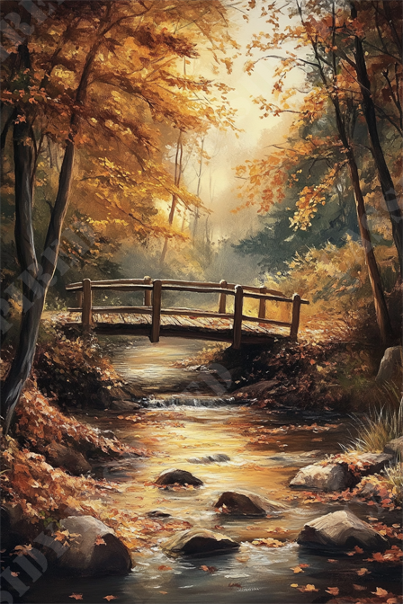 Autumn Bridge Serenity - This serene autumn landscape features a rustic wooden bridge spanning a gently flowing creek, surrounded by a forest ablaze with the warm hues of fall foliage. Golden leaves hang from trees and fall onto the forest floor, creating a picturesque and tranquil atmosphere. The sunlight filters softly through the trees, casting a warm glow across the scene and reflecting on the water below. Smooth rocks dot the creek, while fallen leaves float delicately on its surface. This idyllic setting captures the essence of a peaceful, nature-filled autumn day. Keywords: autumn landscape, wooden bridge, creek, forest, fall foliage, autumn leaves, serene, tranquil, golden leaves, sunlight, rustic bridge, picturesque scene, nature, warm hues, peaceful atmosphere, forest floor, fallen leaves, sunlight reflection, smooth rocks.