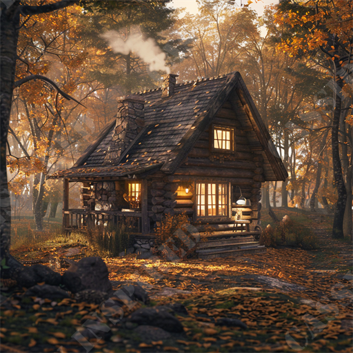 Autumn Cabin Retreat - This captivating image presents a picturesque, rustic log cabin nestled in a serene autumn forest. The cabin, characterized by its sturdy wooden logs and stone foundation, exudes a cozy and inviting ambiance. Its steeply pitched roof is adorned with wooden shingles, complementing the natural surroundings. Smoke wisps gently from the chimney, suggesting a warm fire within. The scene is set in an enchanting forest during fall, where the trees are ablaze with vibrant shades of orange, yellow, and gold.

The ground is carpeted with fallen leaves, enhancing the seasonal charm. A quaint wooden porch, complete with a bench and lit lantern, offers a perfect spot for enjoying the peaceful outdoor setting. This idyllic retreat is illuminated by the soft glow of sunlight filtering through the trees, creating a magical atmosphere. This image is ideal for those interested in rustic architecture, autumn landscapes, forest cabins, seasonal changes, tranquility in nature, and picturesque natural settings.

Keywords for SEO would include: rustic cabin, autumn forest, log cabin, wooden shingles, stone foundation, fall leaves, cozy retreat, natural scenery, tranquility, picturesque landscape, wooden porch, glowing lantern, smoke chimney, serene environment, seasonal beauty, vibrant foliage, peaceful setting, forest retreat, sunlit trees.