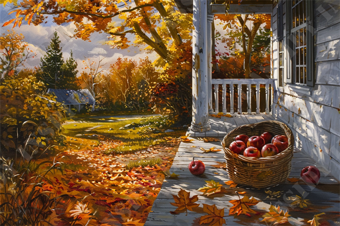 Autumn Country Porch - The image captures a serene autumn scene featuring a rustic wooden porch adorned with a basket of red apples and scattered fall leaves. The warm sunlight filters through the colorful foliage of trees, casting a golden glow on the surroundings. In the background, a quaint shed with a tin roof is nestled amidst vibrant greenery and fallen leaves, accentuating the rural charm. The weathered white pillars and wooden planks of the porch add a touch of vintage appeal, contrasting with the vivid autumn hues. This picturesque fall landscape epitomizes seasonal beauty with its elements of harvest, nature, and tranquility.

Keywords: autumn scene, rustic wooden porch, red apples, fall leaves, golden sunlight, colorful foliage, quaint shed, tin roof, rural charm, warm sunlight, vintage appeal, picturesque fall landscape, seasonal beauty, harvest, nature, tranquility.