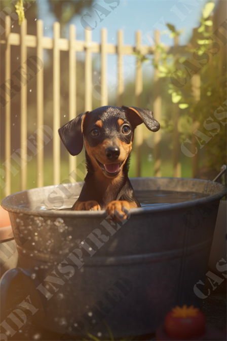 Bath Time - The image captures a charming scene featuring a small, glossy-coated dachshund puppy peeking out from a vintage gray metal tub, filled with water, during what appears to be a playful outdoor bath time. The backdrop shows a typical sunny day, accentuated by a wooden picket fence and lush green foliage, suggesting a calm, serene garden setting. Vigorous water splashes around the puppy, adding a dynamic element to the tranquil atmosphere, and hinting at the puppy’s lively activity before the moment was frozen in time. A visible red rubber toy near the tub adds a pop of color and suggests the puppy’s playful nature. The expression on the puppy’s face is one of joy and curiosity, with bright eyes and a wide, open-mouthed smile.

Keywords: dachshund puppy, metal tub, outdoor bath, sunny day, wooden picket fence, green foliage, water splashes, garden setting, red rubber toy, playful nature, dog bath time, puppy joy, animal care, summer day, pet grooming, backyard scene, pet playtime, cheerful puppy, puppy eyes, joyful expression.