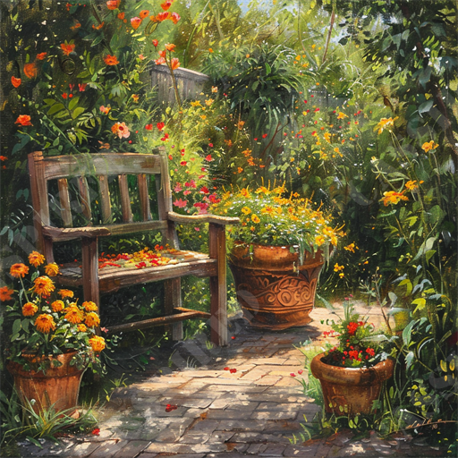 Blooming Garden Bench - The image depicts a serene garden scene featuring a weathered wooden bench surrounded by lush greenery and vibrant flowers. The garden is filled with an array of colorful blooms including orange, red, and yellow flowers, which overflow from terracotta pots placed on a rustic cobblestone path. Sunlight filters through the abundant foliage, casting dappled shadows on the bench and surrounding area, creating a peaceful and inviting atmosphere. The setting includes decorative clay pots and lush plant life, evoking a sense of tranquility and natural beauty. Keywords: garden, wooden bench, vibrant flowers, terracotta pots, cobblestone path, lush greenery, sunlight, foliage, colorful blooms, rustic.