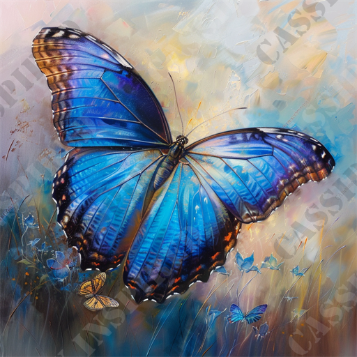 Blue Morpho Butterfly - The image features a brilliantly detailed painting of a large blue butterfly set against a softly blurred, impressionistic background. The butterfly's wings showcase a stunning gradient from deep blue to vibrant cerulean with black and white accents along the edges. Surrounding the central butterfly are smaller butterflies and delicate, ethereal flowers, adding to the fantasy-like ambiance of the artwork. The background employs a mix of pastel hues, including soft pinks, blues, and yellows, creating an uplifting and serene atmosphere. This artistic representation captures the elegance and delicate beauty of butterflies, making it a captivating visual feast. Keywords: blue butterfly, butterfly painting, detailed artwork, impressionistic background, ethereal flowers, pastel hues, vibrant colors, fantasy ambiance, serene atmosphere, delicate beauty.