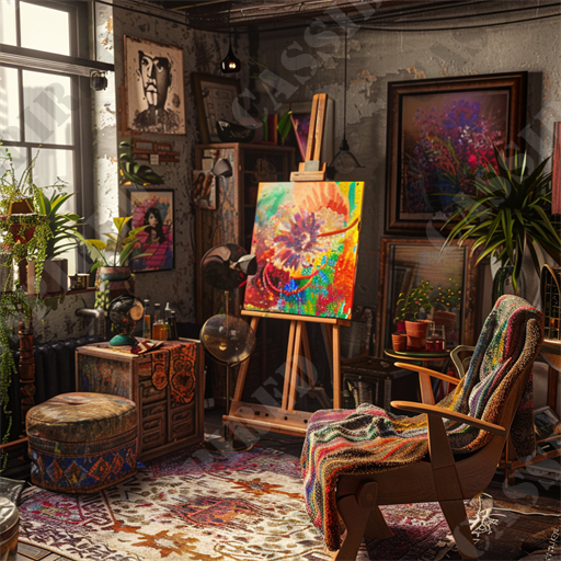 Bohemian Artist's Studio - This image portrays a vibrant and intricately detailed artist's studio that exudes creativity and charm. The room is filled with natural light filtering through a large window, highlighting the colorful array of artworks and eclectic decor. In the center, an easel holds a striking, colorful painting of a flower, which is the focal point of the space. Surrounding the easel are various art supplies and plants, adding a sense of life and inspiration to the environment.

The walls of the studio are adorned with diverse framed artworks and posters, contributing to the creative atmosphere. A cozy armchair with a colorful blanket thrown over it sits invitingly near the easel, suggesting a place for reflection or a break from painting. On the floor, a richly patterned rug covers the area, complementing the rustic, wooden furniture pieces, including a decorative chest and a small stool.

This scene is a perfect representation of an artist’s workspace, complete with functional and decorative elements such as lamps, a globe, and numerous pots containing lush green plants. The overall aesthetic is one of organized chaos, where every item seems to have a story or purpose. This studio not only serves as a place of creation but also as an inspiration itself, ideal for artists in search of a tranquil yet stimulating environment for their artistic endeavors.

Keywords: artist's studio, colorful painting, natural light, creative atmosphere, eclectic decor, framed artworks, cozy armchair, patterned rug, rustic furniture, decorative chest, painting easel, art supplies, inspirational space, vibrant, creative charm, lush plants, functional workspace, tranquil environment, organized chaos, artistic inspiration.