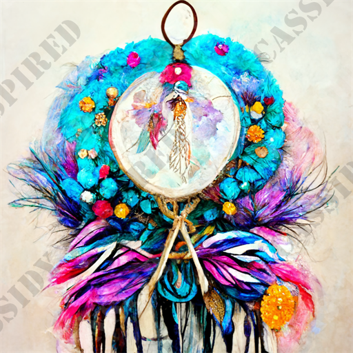 Bohemian Dream Catcher - The image showcases a beautifully handcrafted dreamcatcher adorned with vibrant colors and intricate details. At the center is a delicate circle featuring a bird's feather, symbolizing lightness and freedom. Surrounding the central circle are an array of bright blue, pink, and yellow feathers, interwoven with small floral elements that add texture and depth. The feathers create a cascading effect, blending various hues of purple, turquoise, and magenta, which provides a striking visual contrast. The dreamcatcher also includes dangling threads and beads at the bottom, enhancing its bohemian and artistic look. Keywords: dreamcatcher, feathers, bird feather, handcrafted, bohemian decor, vibrant colors, turquoise, magenta, pink, boho wall art, floral elements, cascading effect, artistic design, home decor, intricate details, handmade, colorful dreamcatcher, symbolic art.