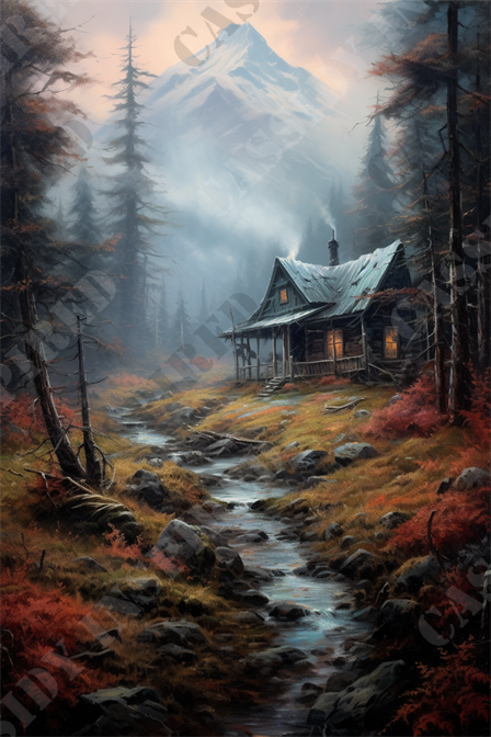 Cabin in the Woods - This captivating image depicts a serene, misty mountain landscape, complete with a charming rustic cabin nestled among vibrant autumn trees. A gentle stream meanders through the foreground, leading the eye towards the weathered wooden structure that appears both inviting and secluded. The background is dominated by a majestic, snow-capped mountain towering in the haze, suggesting both altitude and the wild, untouched nature of this idyllic retreat.

The atmosphere of the scene is one of tranquility and untouched beauty, seemingly far from the hustle and bustle of modern life. The color palette consists of soft greys, blues, and rich autumn hues like red and orange, creating a warm contrast with the cold mountain peak. The light filters through the mist, adding a mystic quality to the mountain and highlighting the rustic textures of the cabin's wood.

Key elements and keywords that articulate the essence of this image include: mountain retreat, rustic cabin, autumn landscape, misty mountain, snow-capped peak, serene wilderness, tranquil stream, vibrant autumn colors, wooden cabin, and natural beauty. These terms not only describe the visual components but also evoke the emotional resonance of the scene, ideal for SEO related to travel, retreats, nature photography, and landscape art.