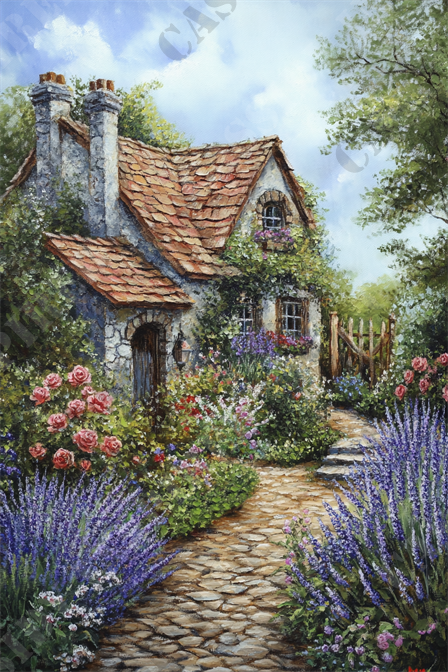 Charming Cottage Garden - This picturesque image depicts a charming countryside cottage surrounded by a vibrant, blossoming garden. The quaint stone cottage features a rustic red-tiled roof, ivy-covered walls, and a wooden arched door, exuding an inviting and timeless appeal. A cobblestone path meanders through a plethora of colorful flowers, including roses and lavender, leading to the cottage entrance. The lush greenery and blooming floral arrangements create a serene and idyllic atmosphere, perfect for a peaceful hideaway. Under the bright blue sky, the cottage garden flourishes with an abundance of nature's beauty, making it a quintessential representation of countryside tranquility and rustic charm. Salient keywords include countryside cottage, rustic charm, stone cottage, red-tiled roof, cobblestone path, blooming garden, vibrant flowers, nature, idyllic, serene, greenery, and peaceful hideaway.