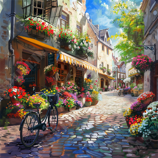 Charming Flower Village - This vibrant image captures a picturesque scene in a quaint European village, likely intended to evoke a sense of wanderlust and the charm of old-world architecture. The setting features a cobblestone street bathed in sunlight filtering through the lush foliage of towering trees. Lining the street are traditional buildings with exposed timbers and pastel facades, adorned with cascading flower baskets and shutters, hinting at a serene lifestyle steeped in history.

Dominating the foreground is a classic black bicycle, its basket brimming with colorful flowers, symbolizing a leisurely pace of life and local travel. The street is lined on both sides by a vibrant display of multicolored flowers in full bloom, including reds, pinks, yellows, and purples, adding a vivid splash of color to the scene. Small, charming shops with inviting facades offer glimpses into the village commerce, characterized by signs and decor that suggest a focus on hospitality and local goods.

Key details, such as the textured reflection of the buildings and foliage on the wet cobblestones, add a realistic touch to the scene, suggesting recent rainfall and enhancing the image’s fresh, airy feel. Overall, this image is a perfect representation of idyllic village life, appealing to those enchanted by travel, architecture, cultural heritage, and floral beauty.

Keywords: Quaint village, European charm, cobblestone street, old-world architecture, traditional buildings, flower baskets, picturesque scene, black bicycle, vibrant flowers, shop facades, cultural heritage, travel, tourism, architectural beauty, street photography, floral display, sunlight, lush foliage, local commerce, inviting atmosphere.