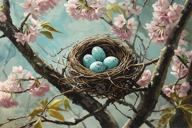 Charming Robin's Nest - This image depicts a serene spring scene featuring a carefully crafted bird’s nest perched upon tree branches adorned with delicate pink cherry blossoms. Inside the nest are four blue speckled eggs, indicating pending new life, set against a soft blue sky that enhances the natural beauty of the composition. The harmonious blend of colors, with the pink petals and azure sky, evokes a sense of tranquility and renewal associated with springtime. The detailed texture of the nest, intertwined branches, and vibrant blossoms highlight the intricacies of nature. Keywords relevant to this image include spring, cherry blossoms, bird's nest, blue eggs, nature, renewal, tranquility, pink flowers, branches, and azure sky. This artistic scene captures the essence of a peaceful spring morning where nature flourishes unencumbered.