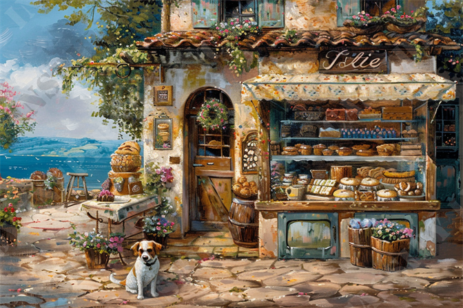 Charming Seaside Bakery - The image depicts a charming, rustic bakery situated in a picturesque countryside setting. The bakery features a quaint exterior with stone walls, wooden shutters, and a flower-adorned roof. A variety of freshly baked goods, including loaves of bread, pastries, and cakes, are displayed invitingly in the shop window. A small dog, sitting contentedly in front of the bakery, adds warmth and liveliness to the scene. Potted flowers and greenery surround the area, enhancing the idyllic, serene ambiance. In the background, there is a beautiful view of rolling hills and a calm lake under a blue sky. Keywords: rustic bakery, countryside, baked goods, pastries, bread, dog, flowers, idyllic scenery, countryside view, serene ambiance, stone walls, wooden shutters, charming exterior, serene background, lake, hills, blue sky.