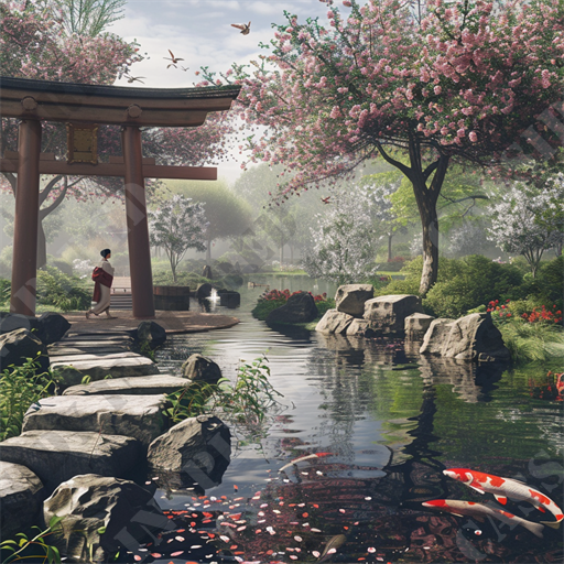 Cherry Blossom Park - This tranquil and picturesque image captures the serene beauty of a traditional Japanese garden, complete with a rich assembly of elements that embody peace and nature. In the foreground, a stone path meanders through a clear, koi-filled pond, guiding the viewer's eye across the water where vibrant koi fish swim gracefully. Flower petals are scattered across the surface of the water, adding a touch of delicate pink to the predominantly green and blue scene.

Above the pond, a majestic cherry blossom tree in full bloom stands tall, its pink blossoms creating a vivid contrast against the lush greenery in the background. The garden features a traditional torii gate, which is painted a deep red, symbolizing entry into a sacred space. Nearby, a figure in a red kimono complements the color of the gate and adds a human element to the natural landscape.

Flittering around the garden are several birds, enhancing the sense of life and activity in this peaceful retreat. The ambient light filtering through the mist creates a soft, ethereal quality, suggesting an early morning tranquility. In the distance, well-manicured shrubs and trees further emphasize the care and detail put into maintaining this beautiful garden oasis.

Key SEO-friendly keywords for this image might include Japanese garden, cherry blossom, koi pond, torii gate, tranquil nature scene, stone path, serene landscape, traditional kimono, wildlife, and peaceful retreat. This description effectively transports the viewer to this idyllic setting, perfect for those seeking a visual of calm and harmony in a beautifully cultivated environment.