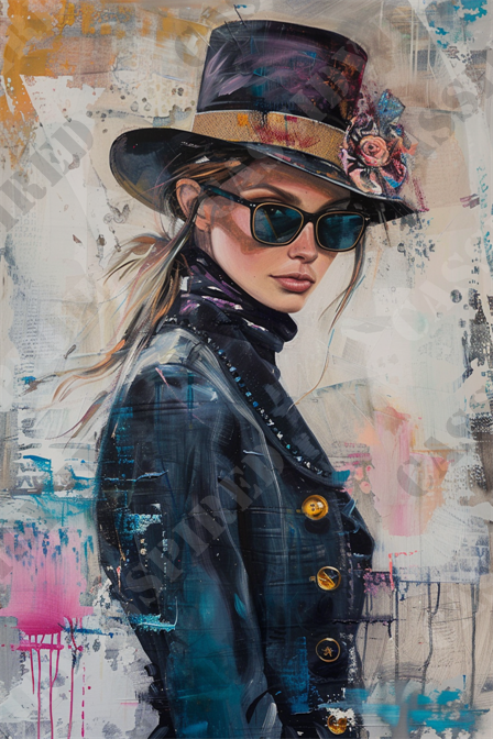 Chic Fashion Model - This captivating painting features a stylish woman donning a black top hat with colorful floral embellishments, exuding a sense of vintage chic. She wears dark sunglasses and a sleek black coat with bright gold buttons that add a striking contrast. The background is an abstract blend of colors including patches of blue, orange, white, and pink, contributing to the contemporary feel of the artwork. The woman's confident expression and poised posture make her the focal point of this fashionable portrait. Keywords: painting, stylish woman, black top hat, sunglasses, black coat, gold buttons, abstract background, contemporary art, vintage chic, portrait, floral embellishments, modern fashion.