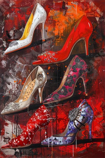 Chic Fashion Shoes - The image showcases an artistic display of six high-heeled shoes, set against a vibrant, abstract background of reds, oranges, and blacks. Each stiletto features unique and intricate designs, ranging from jeweled embellishments to floral patterns. There are shoes in shades of white, red, and a multi-colored blue and purple mix. The detailed designs include lace, beads, and metallic accents, enhancing the elegance and allure of the footwear. This creative and visually striking composition highlights fashion art, luxury footwear, and high fashion accessories, making it an ideal thematic visual for fashion enthusiasts and haute couture collections. Keywords: high heels, stiletto shoes, luxury footwear, fashion art, abstract background, jeweled embellishments, floral patterns, haute couture, stylish shoes, fashion accessories.