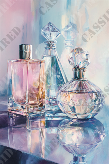 Chic Perfume Still Life - The image depicts a beautifully arranged trio of perfume bottles, each with a distinct shape and intricate design. The bottles showcase a spectrum of delicate pastel hues, predominantly pink and blue, reflecting light in an aesthetically pleasing way. The container on the left is square and features a golden-hued liquid inside, capped with a metallic top. The middle bottle is conical with a diamond-shaped top, hinting at sophistication. The rightmost bottle is round with faceted surfaces, giving it an elegant, jewel-like appearance. The surface they rest on mirrors their intricate details, enhancing their luxurious presentation. This image captures the essence of elegance, luxury, and the art of fragrance packaging.

**Keywords:** perfume bottles, pastel hues, luxurious, elegant, sophisticated, fragrance packaging, intricate design, reflection, metallic top, conical bottle, faceted surfaces, jewel-like appearance.