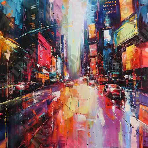 Cityscape Vibrance - The image depicts a vibrant, abstract cityscape bustling with energy and color. Neon-lit buildings tower over a busy street filled with moving cars, creating a dynamic scene reminiscent of a lively urban environment at night. The use of bold colors such as bright reds, pinks, blues, and yellows, combined with the shimmering reflections on the wet pavement, conveys a sense of excitement and rhythm. The artistic strokes are expressive, blending realism with abstract elements to depict a modern metropolis. Keywords: vibrant cityscape, abstract urban art, night city, neon lights, busy street, moving cars, bright colors, wet pavement reflections, modern metropolis, expressive strokes.