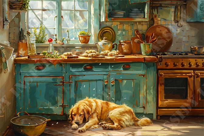 Cookie Guard Dog - This image depicts a charming rustic kitchen bathed in sunlight. An old-fashioned stove and teal blue cabinets give the room a vintage feel. The countertop is adorned with freshly baked cookies, herbs, and cooking utensils, creating a cozy and welcoming atmosphere. By the window, light streams through to highlight potted plants and kitchen tools. On the floor lies a golden retriever, resting contentedly in the warm, homely setting. Keywords: rustic kitchen, vintage stove, teal blue cabinets, freshly baked cookies, cozy kitchen, sunlight, potted plants, golden retriever, homely atmosphere, cooking utensils.