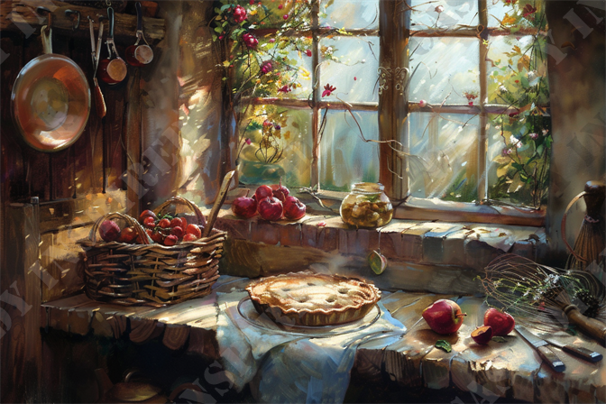 Cooling Apple Pie - This picturesque image captures a cozy, sunlit kitchen scene. At the heart of the image is a freshly baked apple pie, cooling on a rustic wooden table. Surrounding the pie are three whole red apples and a knife, hinting at the pie’s delicious filling. A wicker basket filled with bright red tomatoes and apples adds a touch of vibrant color to the scene. The backdrop features a charming window with sunlight streaming in, revealing lush greenery and climbing roses outside. Hanging pots and kitchen utensils add a homely, vintage feel. Keywords: kitchen scene, apple pie, rustic wooden table, red apples, wicker basket, tomatoes, sunlit window, lush greenery, climbing roses, hanging pots, vintage kitchen, baking ingredients, cozy kitchen, inviting atmosphere, homemade pie, kitchen utensils.