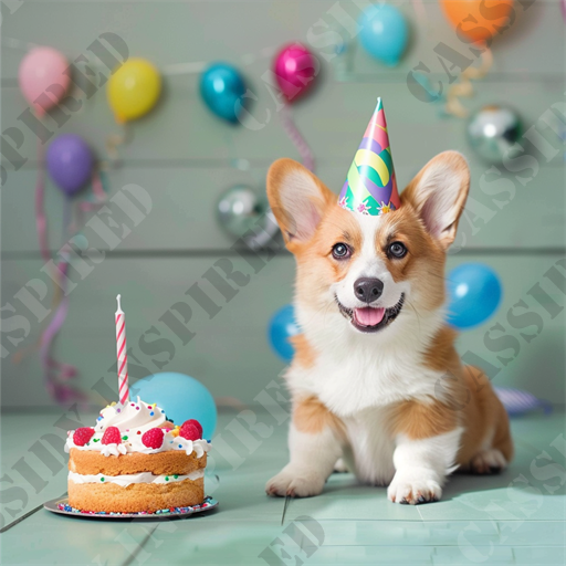 Corgi Birthday Celebration - The image depicts an adorable Corgi puppy celebrating a festive birthday party. The dog, sporting a colorful party hat, looks directly at the camera with a joyful and engaging expression. Situated in front of the Corgi is a small birthday cake topped with a single lit candle, adorned with whipped cream and scattered raspberries. The setting is enhanced by a background of pastel-colored balloons and multicolored streamers that add a cheerful ambiance. The floor, a subtle mint green, complements the overall pastel theme.

This scenario captures a delightful moment, perfect for animal and pet enthusiasts. Keywords that stand out for SEO might include: Corgi, birthday party, celebration, puppy, cute dog, festive, party hat, birthday cake, colorful balloons, joyful pet, pet celebration, animal photography, whipped cream cake, raspberry, happy dog, party decor, cute animal, pet birthday.

This setup not only showcases the charm of pets during celebrations but also provides inspiration for pet owners looking to celebrate their own pets' special days in a memorable way. The image is ideal for sharing on social media platforms, pet blogs, and in articles focused on pet care and celebration ideas.