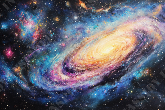 Cosmic Deep Space - The image depicts a vibrant and colorful galaxy swirling amidst the cosmos. At the center of this galaxy is a luminous, glowing yellow core surrounded by spiraling arms in shades of blue, purple, and pink. The dark backdrop is dotted with countless stars and celestial bodies, creating a sense of depth and vastness. Nebulae in various hues—ranging from red to turquoise—add to the cosmic scenery, contributing to the awe-inspiring beauty of the universe. This artwork is an exemplary representation of space, galaxies, stars, nebulas, and cosmic phenomena, offering a visual feast that highlights the wonders of the universe. 

Keywords: colorful galaxy, cosmos, luminous core, spiraling arms, blue, purple, pink, dark backdrop, stars, celestial bodies, nebulae, space, galaxies, cosmic phenomena, universe, celestial, cosmic scenery, awe-inspiring beauty, vibrant.