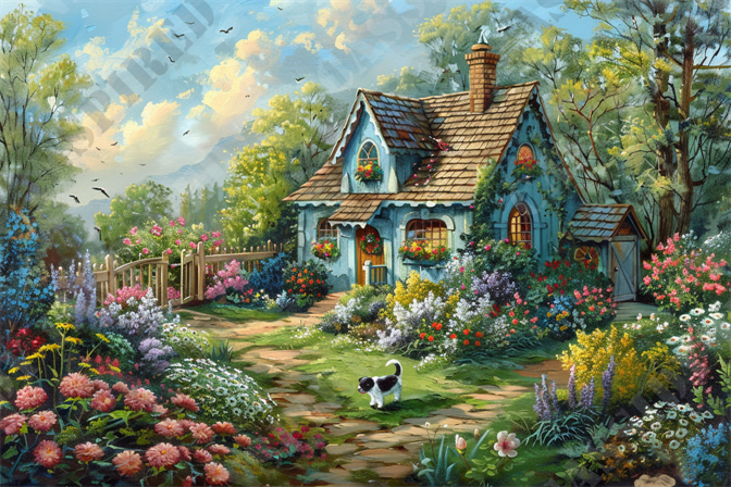 Cottage Garden Bliss - The image depicts a charming cottage surrounded by a lush, vibrant garden filled with various colorful flowers. The quaint house features a steep, shingled roof with a chimney and several windows adorned with flower boxes. A picket fence encloses the garden, which includes a variety of blooming plants like daisies, roses, and lavender. In the foreground, a small black and white dog stands on a stone pathway leading to the front door. The background showcases a bright, clear sky with a few birds soaring above, and tall trees providing a serene backdrop to the idyllic scene. Keywords: charming cottage, vibrant garden, colorful flowers, quaint house, shingled roof, picket fence, blooming plants, stone pathway, serene backdrop, idyllic scene.