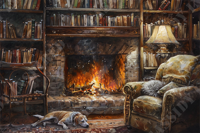 Cozy By The Fire - This cozy room features a rustic brick fireplace with a roaring fire, casting a warm glow across the space. Surrounding the fireplace are tall, wooden bookshelves filled with an array of books, enhancing the room's inviting, bookish ambiance. A plush, patterned armchair sits to the right of the fireplace, equipped with fluffy cushions under the soft light of a vintage table lamp. On the floor, a content dog lies on a richly detailed area rug, completing the tranquil and homely setting. The scene exudes warmth, comfort, and a welcoming environment perfect for relaxation or reading.

Keywords: cozy room, rustic brick fireplace, warm fire, vintage table lamp, wooden bookshelves, books, patterned armchair, fluffy cushions, dog, area rug, relaxation, homely setting, reading environment.