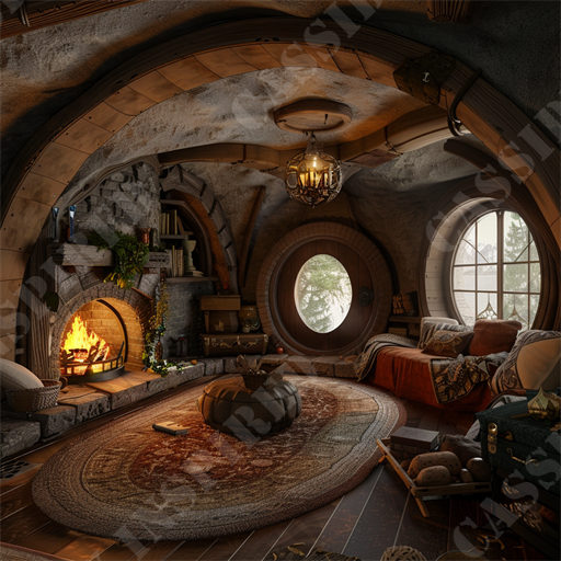 Cozy Earthy Home - This enchanting image depicts a cozy, meticulously detailed fantasy-style interior that radiates warmth and charm. The setting is a round, Hobbit-inspired room with curved wooden beams intentionally shaped to mimic the inside of a hollow tree or hill. A roaring fire in a rustic stone fireplace casts a gentle glow across the room, complementing the natural light streaming in through a circular window and a more traditional arched window, both framing views of a serene, wooded landscape.

Key elements within the room include a plush, large daybed draped in rich orange throws and adorned with patterned pillows, inviting relaxation and comfort. In front of the fireplace, a large, round rug with earth-tone patterns anchors the space, while a leather pouf and a small wooden table with old books create a perfect nook for reading or enjoying a cup of tea.

Details like hanging lanterns, wooden shelves laden with books and trinkets, and a wall-mounted set of pipes contribute to the room's old-world charm and fantasy appeal. Lush green plants and a basket of logs by the fireplace add a touch of life and practicality to the scene.

This image is ideal for expressing themes of interior design, architecture, fantasy decor, cozy living spaces, and home comfort. It resonates with keywords such as fantasy interior, cozy room, Hobbit house, rustic design, stone fireplace, wooden architecture, daybed, reading nook, and enchanting home decor, making it highly suitable for search engine optimization in related fields.