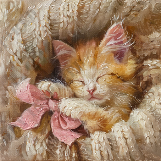 Cozy Kitten Nap - The image depicts a serene scene of a ginger kitten nestled comfortably among what appears to be a soft, textured blanket. The kitten, with its eyes closed in peaceful sleep, exudes tranquility and warmth. Its fur is a mix of light orange and white, adding to its adorable appearance. A pink ribbon is tied around one of its paws, providing a gentle splash of color and accentuating the overall cuteness. The texture of the blanket, with its intricate knitted pattern, contrasts beautifully with the kitten's smooth fur. Keywords: ginger kitten, sleeping kitten, soft blanket, textured blanket, pink ribbon, peaceful, adorable, cute, tranquil, feline, cozy, serene, warm, knitt.