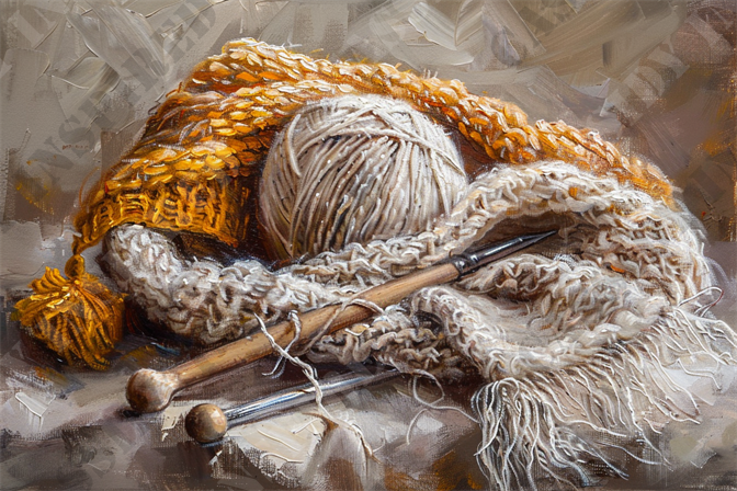 Cozy Knitting - This image features a cozy and inviting knitting scene with a ball of yarn, knitting needles, and partially knitted fabric. The yarn, in shades of cream and golden yellow, is thoughtfully arranged, emphasizing its soft and textured quality. The piece showcases an intricate knit pattern, reflecting the skill and detail in the craft. The background uses warm, neutral tones, allowing the knitting materials to stand out prominently. Ideal keywords for SEO include knitting, yarn, knitting needles, knit fabric, crochet, handmade crafts, knitting pattern, wool, knitting supplies, and cozy. This setting conveys comfort, creativity, and the timeless joy of knitting.