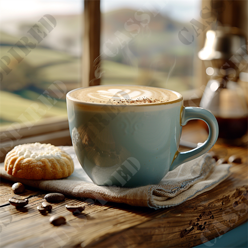 Cozy Morning Coffee - This warm, inviting image presents a picturesque morning scene featuring a beautifully crafted cappuccino in a blue ceramic mug placed on a rustic wooden table. The light steam rising gently from the coffee complements the soft morning light streaming through a window overlooking a serene rural landscape. Adjacent to the coffee, a freshly baked pastry topped with powdered sugar and a side of whipped cream adds a touch of indulgence to the setting. Coffee beans scattered slightly around the mug enhance the theme of a perfect coffee break. This snapshot is ideal for content related to coffee shops, morning routines, or rural living.

Key SEO-friendly keywords include: coffee, cappuccino, morning, rural landscape, ceramic mug, wooden table, freshly baked pastry, whipped cream, coffee beans, serene, light steam, coffee shop, indulgence, breakfast scene, soft light, window view, tranquil, culinary delight, rustic setting, beverage photography.