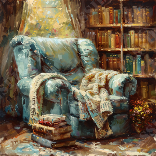 Cozy Reading Nook - This cozy reading nook illustration features a plush, light blue armchair that has an inviting, worn-in look. Draped over the armchair is a soft, knitted blanket, suggesting a space perfect for relaxation. The chair is surrounded by a stack of books, adding to the literary atmosphere. Behind the chair, there is a fully stocked bookshelf brimming with colorful, well-loved books. Sunlight filters through a nearby window, casting a warm, golden hue over the scene. Nearby, a pot of vibrant flowers adds a touch of nature, enhancing the charm of this cozy space. Keywords: cozy reading nook, light blue armchair, knitted blanket, stack of books, bookshelf, sunlight, window, vibrant flowers, literary atmosphere, comforting scene.