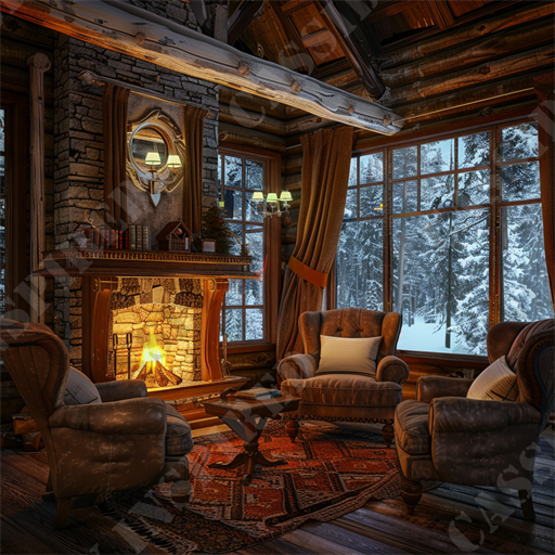 Cozy Winter Cabin - This image depicts a cozy, rustic cabin interior during winter, featuring a warm, inviting fireplace at its center. The room is well-appointed with rich textures and traditional decor, creating an atmosphere of comfort and warmth. Luxurious leather armchairs and a classic wooden coffee table sit atop a vibrant Persian rug, offering an ideal spot for relaxation. Heavy drapes frame a large window that looks out onto a serene snow-covered landscape, enhancing the cabin's secluded, wintry feel.

Key architectural details include exposed wooden beams and stone walls, which add to the natural charm of the setting. The fireplace, with its roaring fire and neatly stacked logs, acts as the focal point, contributing both warmth and a gentle, flickering light that illuminates the room. A decorative mirror above the mantel reflects the cozy interior, doubling the visual warmth of the fire.

This quintessential winter retreat scene is perfect for those searching for keywords like cabin interior, fireplace, cozy winter home, rustic decor, snow scene, leather chairs, Persian rug, wooden beams, and stone walls. Each element combines harmoniously to create a space that feels both secluded and luxuriously comfortable, ideal for cold winter nights. This image can effectively attract viewers looking for interior design inspiration or vacation rental ideas in snowy locales.