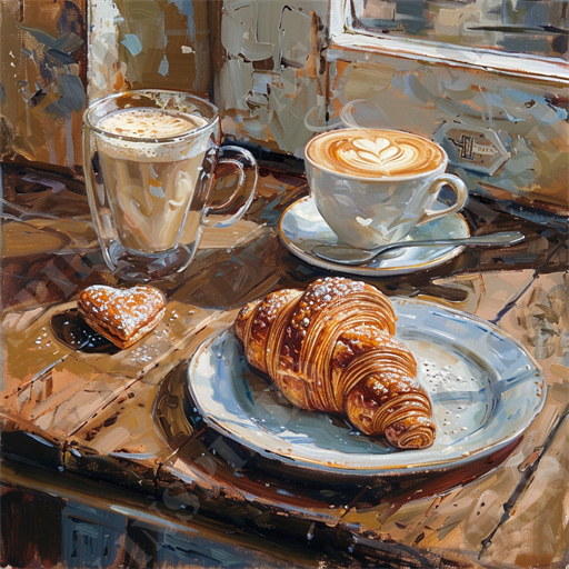 Croissant Delight - The image portrays a cozy café scene with a wooden table adorned with a delectable croissant, a heart-shaped cookie sprinkled with powdered sugar, and two inviting beverages. One of the drinks is a cappuccino in a white cup and saucer, featuring latte art on its creamy foam, while the other is a glass mug filled with a frothy latte. The setting is bathed in warm, natural light streaming through a nearby window, casting a comforting glow on the rustic, textured table surface. This inviting breakfast arrangement, perfect for a leisurely morning, emphasizes the rich textures and aromatic appeal of freshly baked pastries and expertly crafted coffee. Key elements include a croissant, cookie, cappuccino, latte, wooden table, café ambiance, latte art, powdered sugar, and a cozy breakfast scene.