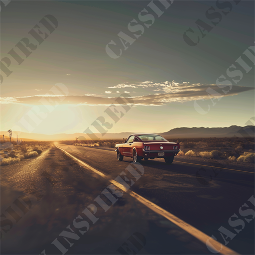 Cruising Route 66 - The image features a classic, red Mustang cruising down a straight highway that stretches through the vast American West at sunset. The backdrop is a dramatic skyline, with the glow of the setting sun casting warm hues across the horizon and illuminating the sparse cloud cover. Surrounding the road are sparse desert bushes and distant, rolling mountains that add to the scene's isolated feel.

Keywords displayed in the tantalizing scene include: classic Mustang, sunset, deserted highway, Route 66, red car, arid landscape, road trip, vintage car, muscle car, sunset road, desert road, scenic drive, warm hues, sparse vegetation, adventure, travel, solitude, iconic American car, highway photography, desert backdrop, road trip vibes.

This serene setting portrays the quintessential American road trip dream, emphasizing freedom, exploration, and the romance of the open road. Perfect for enthusiasts of classic cars, travel, and photography, the image captures a timeless moment of tranquility and the rugged beauty of a desert journey at dusk.