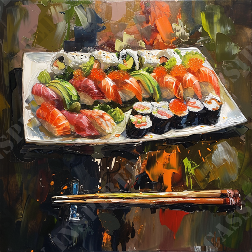 Deconstructed Sushi Art - The image showcases a vibrant and appetizing sushi platter that features a variety of sushi types, including nigiri, sashimi, and maki rolls, artfully arranged on a rectangular white plate. Fresh ingredients like salmon, tuna, avocado, and fish roe are prominently displayed, adding rich colors of red, pink, and green to the composition. The sushi platter is garnished with dollops of wasabi and sprigs of ginger, enhancing its visual appeal and authenticity. Positioned below the plate are a pair of traditional wooden chopsticks, adding a touch of cultural context to the scene. The abstract, colorful background features splashes of green, orange, brown, and black, making the sushi platter stand out prominently. 

Keywords: sushi platter, nigiri, sashimi, maki rolls, salmon, tuna, avocado, fish roe, wasabi, ginger, chopsticks, Japanese cuisine, fresh ingredients, colorful background, abstract art, food presentation, white plate, culinary art, traditional wooden chopsticks, vibrant colors.