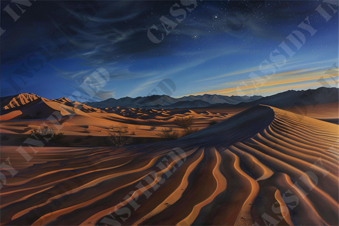 Desert Dusk Serenity - The image captures a breathtaking desert landscape at twilight with undulating sand dunes casting elongated shadows under a star-filled sky. The desert horizon features rugged mountains in the distance, bathed in the soft hues of the setting sun. Wisps of clouds twist and turn in the sky, adding depth and movement to the serene scene. The intricate patterns created by the wind on the sand are highlighted by the low angle of the sunlight, enhancing the texture and detail of the dunes. Shrubbery sparsely dots the foreground, contributing to the desolate beauty of the desert environment. This stunning scene exemplifies natural tranquility, often sought by photographers and adventurers exploring desert landscapes. Keywords: desert landscape, twilight, sand dunes, starry sky, sunset, mountains, shadows, clouds, natural beauty, desert environment, adventurers, photographers.