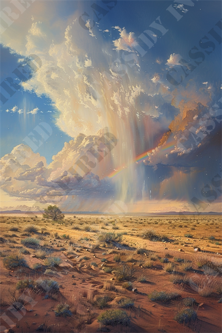 Desert Thunderstorm Rainbow - The image showcases a stunning desert landscape during a rainstorm, marked by vast, arid terrain covered with sparse vegetation. A dramatic sky is filled with towering cumulus clouds, and a vibrant rainbow arcs through the falling rain. Sunlight piercing through the clouds creates a contrasting play of light and shadow on the desert floor, emphasizing the texture of the terrain and the resilience of scattered shrubs. The distant horizon reveals mountain ranges blending into the misty atmosphere, highlighting the vast expanse of the desert. Keywords that capture the essence of this image include: desert, rainstorm, landscape, rainbow, clouds, sunlight, vegetation, arid terrain, mountains, and horizon. The scene emanates a sense of serene beauty and powerful natural forces at play.