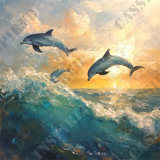 Dolphins at Sunrise - The painting depicts a vibrant seascape with three dolphins leaping joyfully through the ocean waves. The scene captures the golden hues of a setting sun, casting warm light across the sky and reflecting off the water's surface. The waves are energetically rendered, with detailed brushstrokes highlighting splashes and movement, emphasizing the dolphins' grace and agility. The composition beautifully balances the dynamic actions of the dolphins with the serene backdrop of the sunset. This artwork is rich in texture and color, featuring elements of nature, wildlife, and marine themes, making it a perfect representation of oceanic beauty.

Keywords: painting, seascape, dolphins, ocean waves, sunset, golden hues, vibrant, leaping dolphins, marine, nature, wildlife, water, brushstrokes, texture, color, dynamic, serene, oceanic beauty, grace, agility.