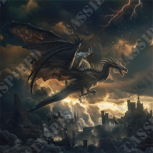 Dragon Flight - The image vividly depicts a dramatic and tense scene featuring a majestic dragon soaring above a crumbling, storm-battered medieval cityscape. The dragon, detailed with scales and massive, translucent wings, dominates the foreground, exuding an aura of power and mystery. Dark clouds loom overhead, split by jagged lightning, casting an ominous glow that highlights the dragon’s formidable silhouette against the turbulent sky. Below, the ancient stone ruins and broken columns speak of a once-thriving city, now succumbing to decay and destruction.

Birds flee the chaos, their silhouettes adding motion to the scene, while scattered debris and smoke hint at recent turmoil. The lighting, masterfully executed, shifts from dark, stormy blues to the warmer tones of a distant setting sun, creating a stark contrast that enhances the apocalyptic feel. The visual composition, rich in detail and atmosphere, tells a story of survival and ruin, making it a compelling piece for fantasy and adventure enthusiasts.

Keywords to consider for SEO would include: dragon, medieval cityscape, fantasy art, storm, lightning, ruins, dark clouds, destruction, fantasy creature, mythical, epic scene, atmospheric art, dramatic landscape, ancient ruins, power, mystery, birds fleeing, smoke, silhouette dragon, and fantasy artwork.